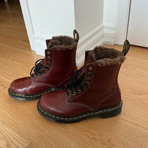 Dr. Martens Cherry leather Serena boots with faux Fur Lining